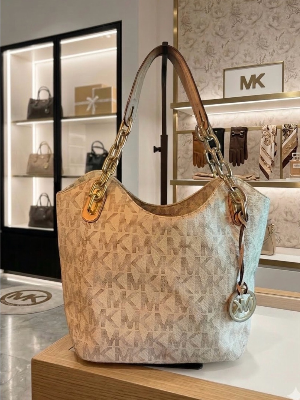 Michael Kors Beige MK Logo Chain-Handle Shoulder Bag